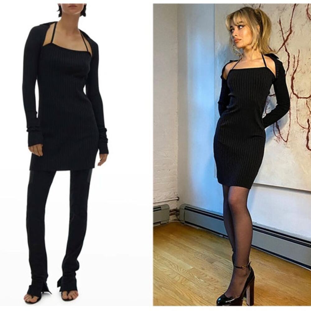 Helmut Lang Lux Pima Long Sleeve Dress Black‎ Ribbed Mini Collared Sz L
